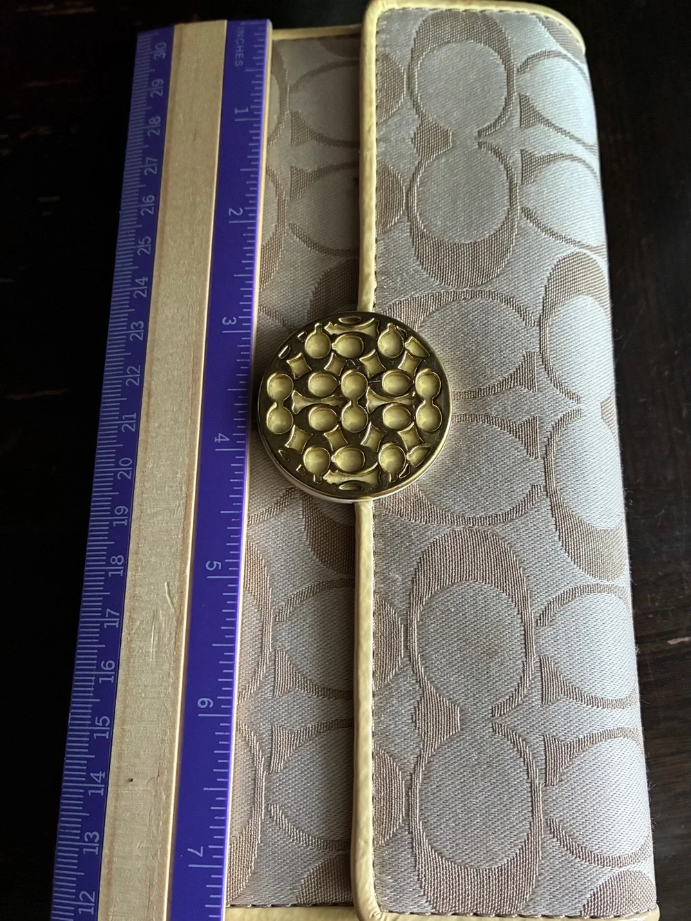 Coach Beige and Cream Signature Continental Wallet with Gold Accent